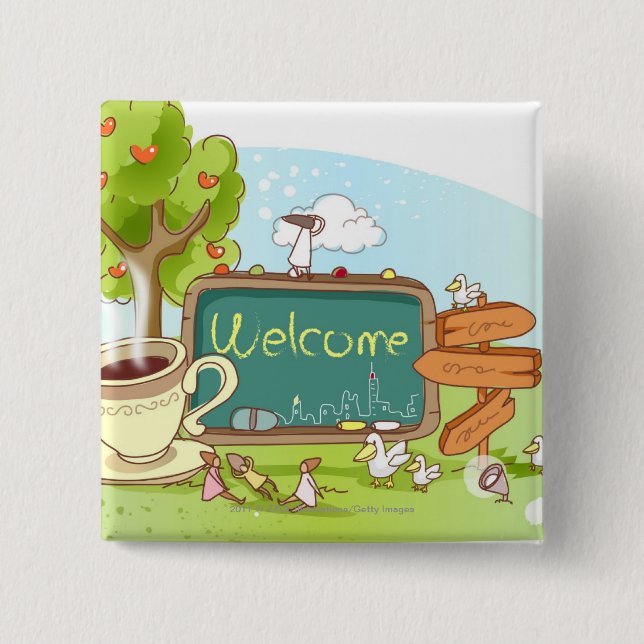 People relaxing by information sign with tea cup 2 inch square button (Front)