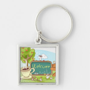 People relaxing by information sign with tea cup keychain