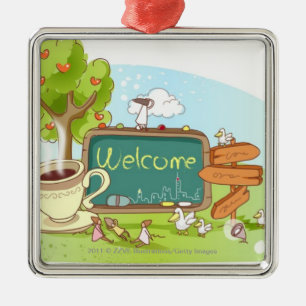 People relaxing by information sign with tea cup metal ornament