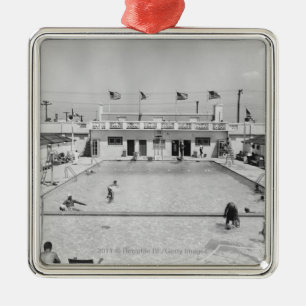 People relaxing in outdoor pool B&W elevated Metal Ornament