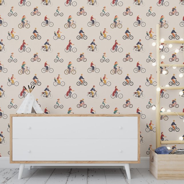 People Ride Bicycle Cycling Colourful Retro Patter Wallpaper (Creator Uploaded)