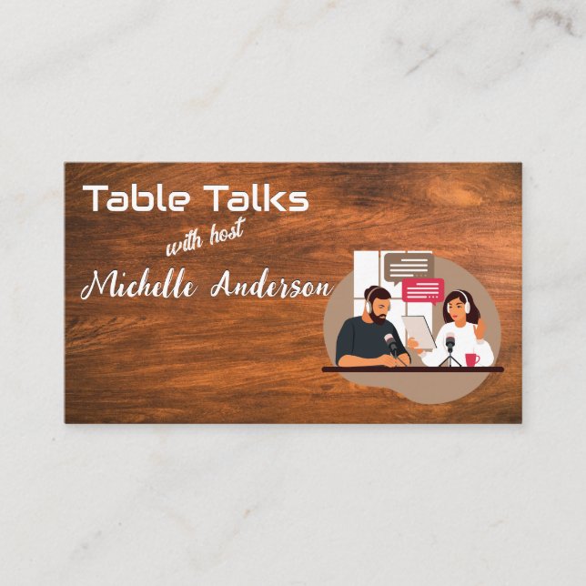 People Talking on Podcast | Wood  Business Card (Front)