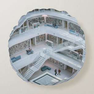 PEOPLE WALKING INSIDE LIBRARY ROUND PILLOW