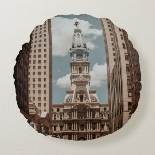 PEOPLE WALKING ON STREET NEAR HIGH RISE BUILDINGS ROUND PILLOW