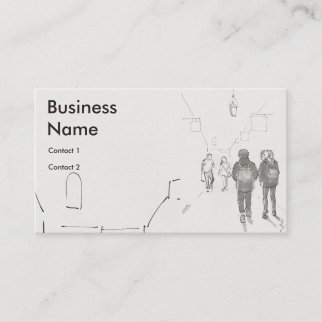 People walking through shopping arcade drawing business card (Front)