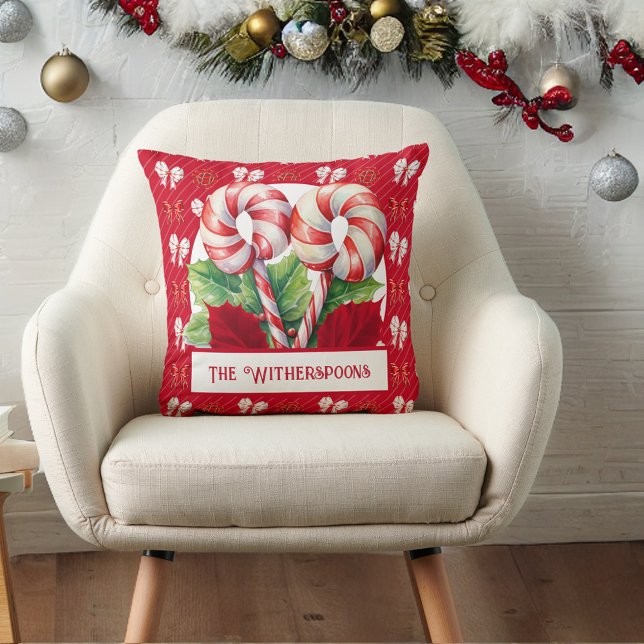 Pepermint Red and White Candy Cane Bow Monogram Throw Pillow (Creator Uploaded)