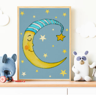 Pépinière Mur Art Lune Étoiles Bleu Jaune Poster