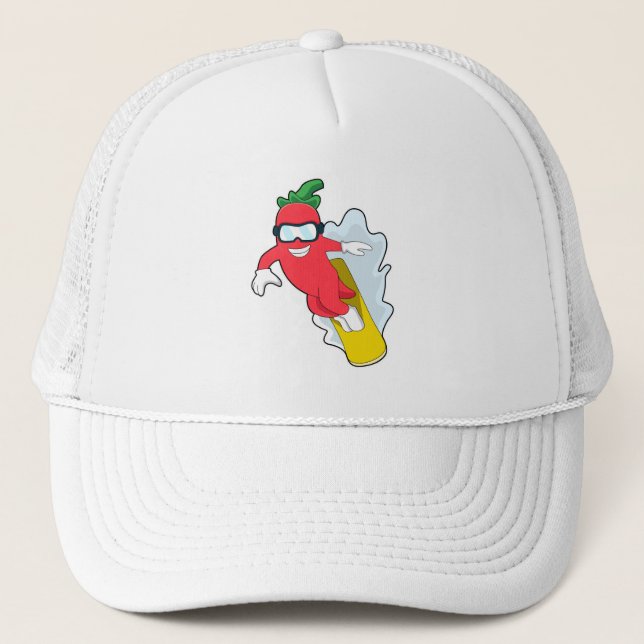 Pepper at Snowboarding with Snowboard Trucker Hat (Front)