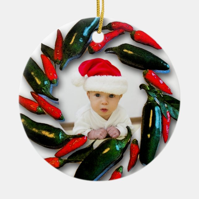 Pepper Wreath Baby's First Christmas Photo Ceramic Ornament (Front)