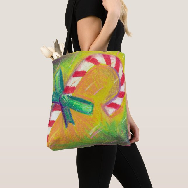 Peppermint Candy Cane Artsy Colour Merry Christmas Tote Bag (Close Up)