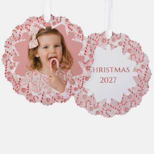 Peppermint Candy Cane Custom Christmas Photo  Ornament Card