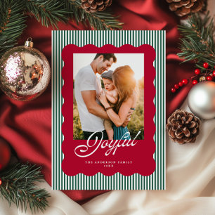 Peppermint Candy Cane Stripe Joyful Script Photo Holiday Card