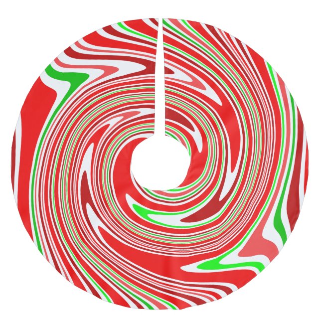 Peppermint Candy Cane Swirl Red Green White Brushed Polyester Tree Skirt (Front)