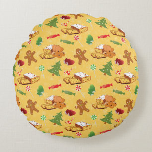 Peppermint Candy,Gingerbread Man and cake Round Pillow