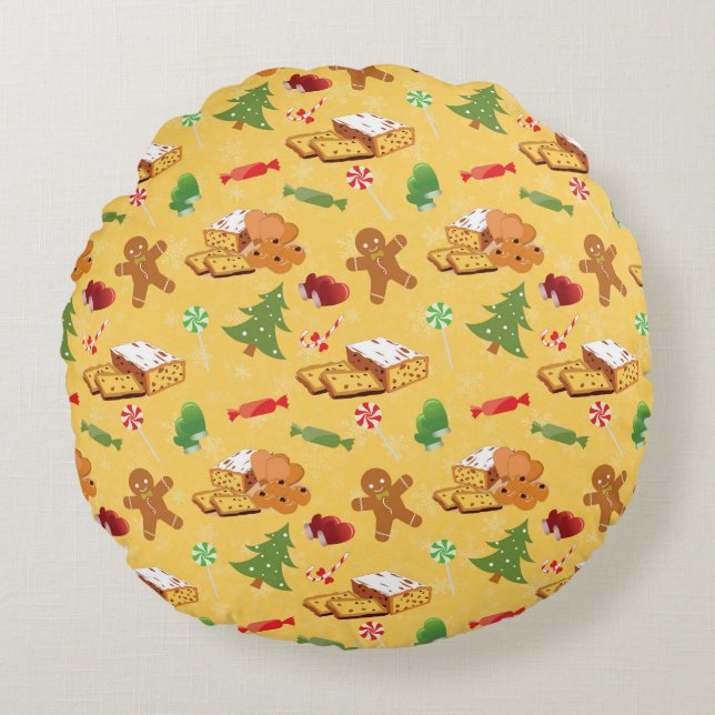 Peppermint Candy,Gingerbread Man and cake Round Pillow (Front)