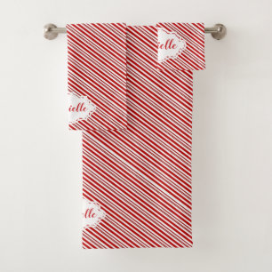 Peppermint candy stripe personalized bath towel set