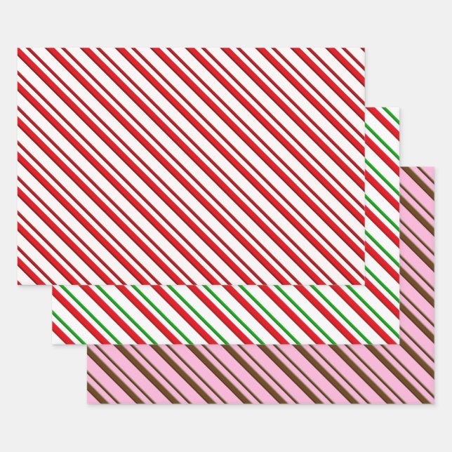Peppermint Candy Stripes, Red, Green, Pink  Wrapping Paper Sheet (Set)