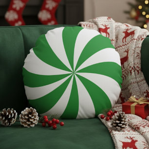 Peppermint Candy Swirl Green Christmas Holiday Round Pillow