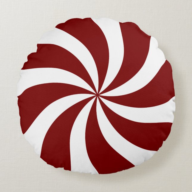 Peppermint Candy Swirl Red and White Round Pillow (Front)