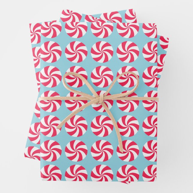 Peppermint Christmas Blue Wrapping Paper Sheet (In situ)