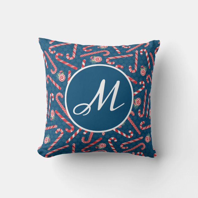 Peppermint Christmas Candy Cane Blue Monogram Throw Pillow (Front)