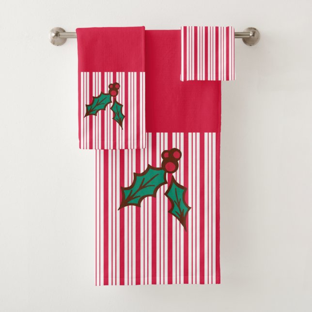 Peppermint Christmas Holly Bath Towels Set Gift (Insitu)