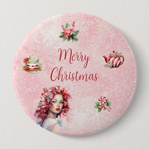 Peppermint Christmas Tea Party Pink Snowflake 4 Inch Round Button
