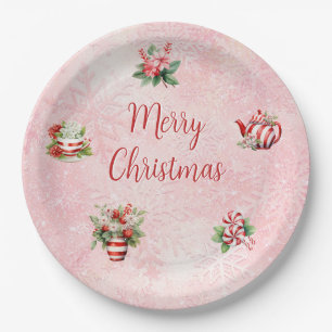 Peppermint Christmas Tea Party Pink Snowflake Paper Plate