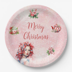 Peppermint Christmas Tea Party Pink Snowflake Paper Plate