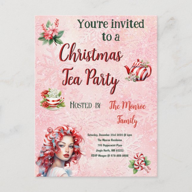Peppermint Christmas Tea Party Pink Snowflake Postcard (Front)