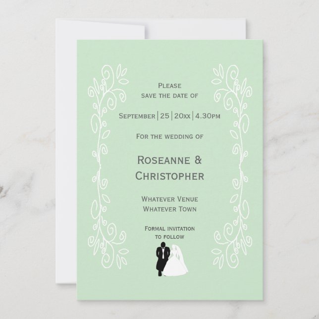 Peppermint Coloured Bride And Groom Design Wedding Save The Date (Front)