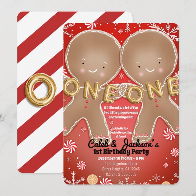 Peppermint Gingerbread Twins 1st Birthday Party Invitation (Front/Back)
