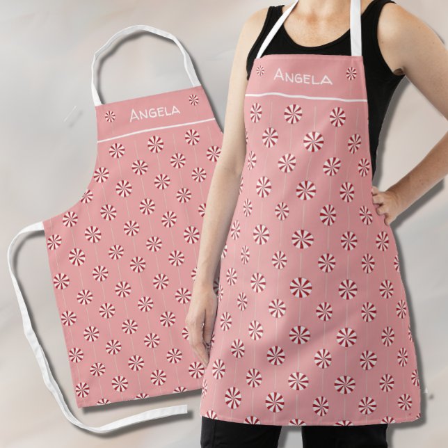 Peppermint Lollipop Pattern Pink Apron with Name (Creator Uploaded)