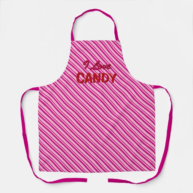 Peppermint Pink Candy Stripes "I Love Candy" Apron (Front)