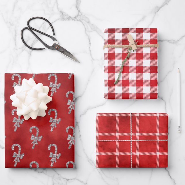 Peppermint Plaid Holiday Wrapping Paper Sheets (Front)