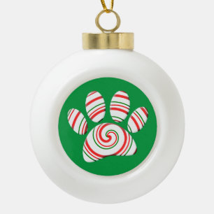 Peppermint Swirl Dog Paw In Red Green White Ceramic Ball Christmas Ornament