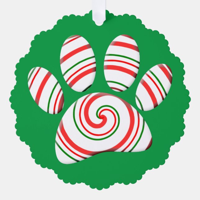 Peppermint Swirl Dog Paw In Red Green White Ornament Card (Front)