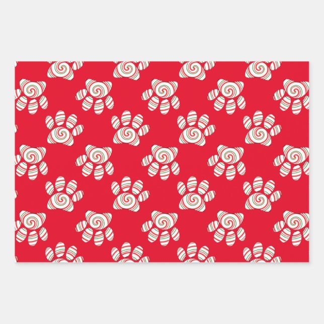 Peppermint Swirl Dog Paw In Red Green White Wrapping Paper Sheet (Front)