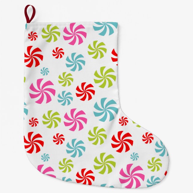 Peppermint Swirl Pattern – Colourful Candy Design Large Christmas Stocking (Front)