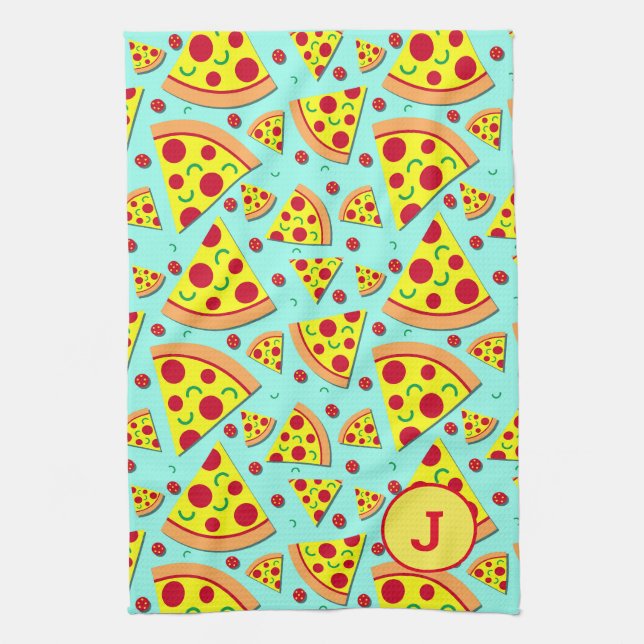 Pepperoni Pizza Slices Foodie Monogrammed Kitchen Towel (Vertical)