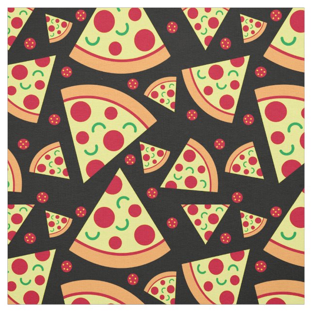 Pepperoni Pizza Slices Fun Food Pattern Black Fabric (Swatch)