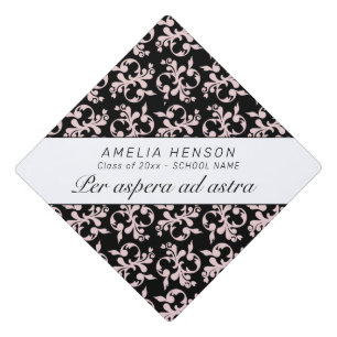 Per aspera ad Astra Rococo Pink Black Pattern Graduation Cap Topper