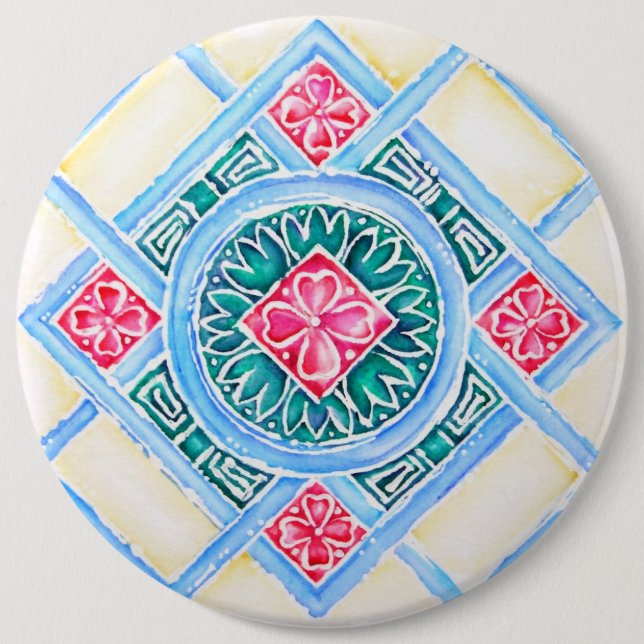 Peranakan Geometric Tile Teal Round 6 Inch Round Button (Front)
