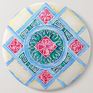 Peranakan Geometric Tile Teal Round 6 Inch Round Button