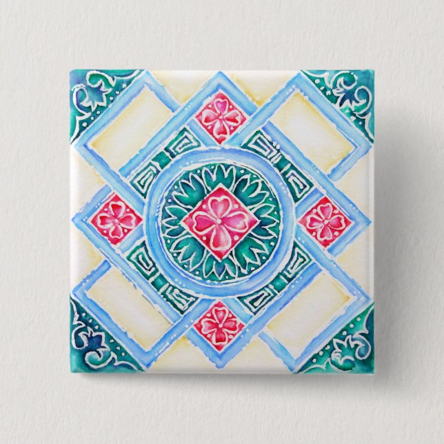 Peranakan Geometric Tile Teal Square 2 Inch Square Button (Front)