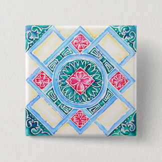 Peranakan Geometric Tile Teal Square 2 Inch Square Button