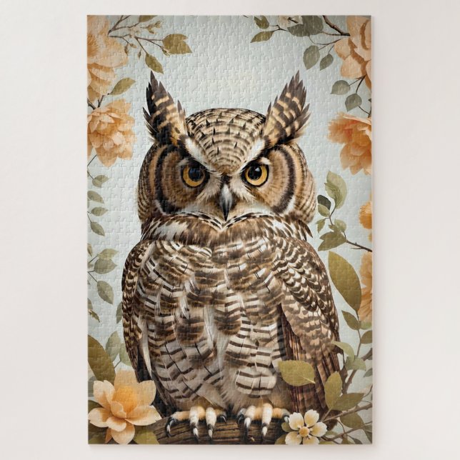 Perched Botanical Great Horned Owl  Jigsaw Puzzle (Vertical)