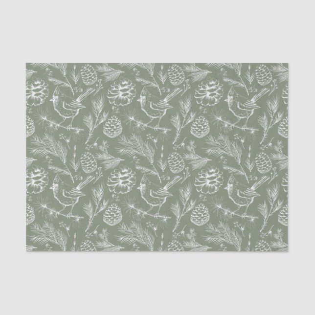 Perched Cardinal, Pinecones and Winter Berry Sage Tissue Paper (Front)