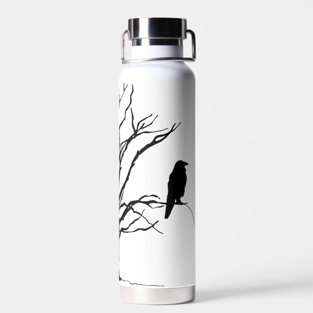 Perched on Tree Black Raven Water Bottle (Back)