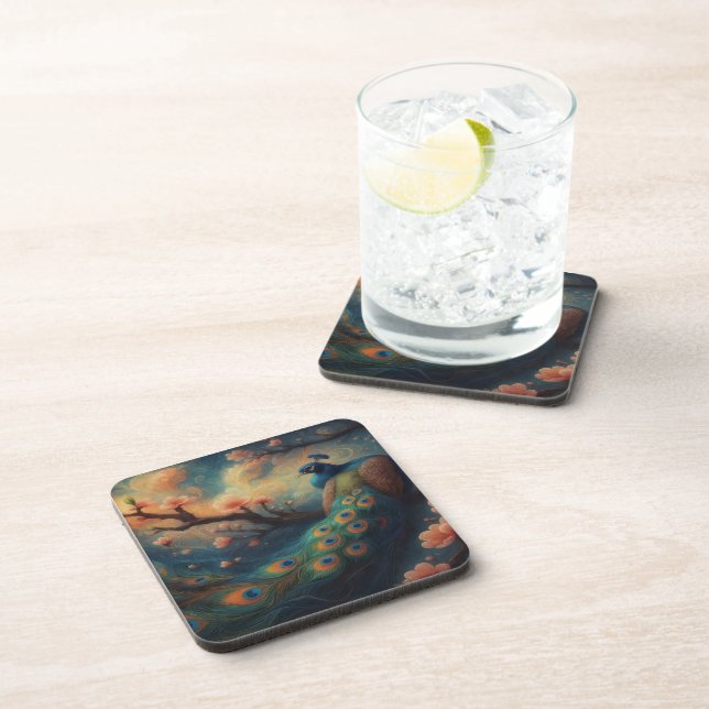 Perched Peacock Beverage Coaster (Right Side)